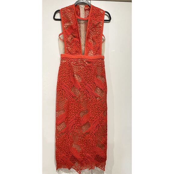 Manning Cartell Dress Red Lace sheath Medium Midi Gallery View Embroidered - Picture 8 of 16
